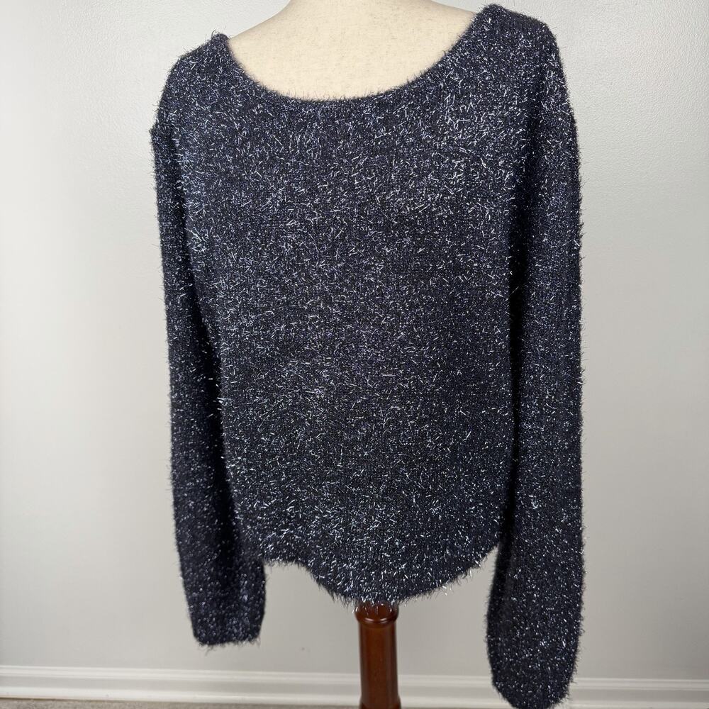 Anthropologie Navy Metallic Fuzzy Sweater XL Open Back Tie Sparkle Y2K Party